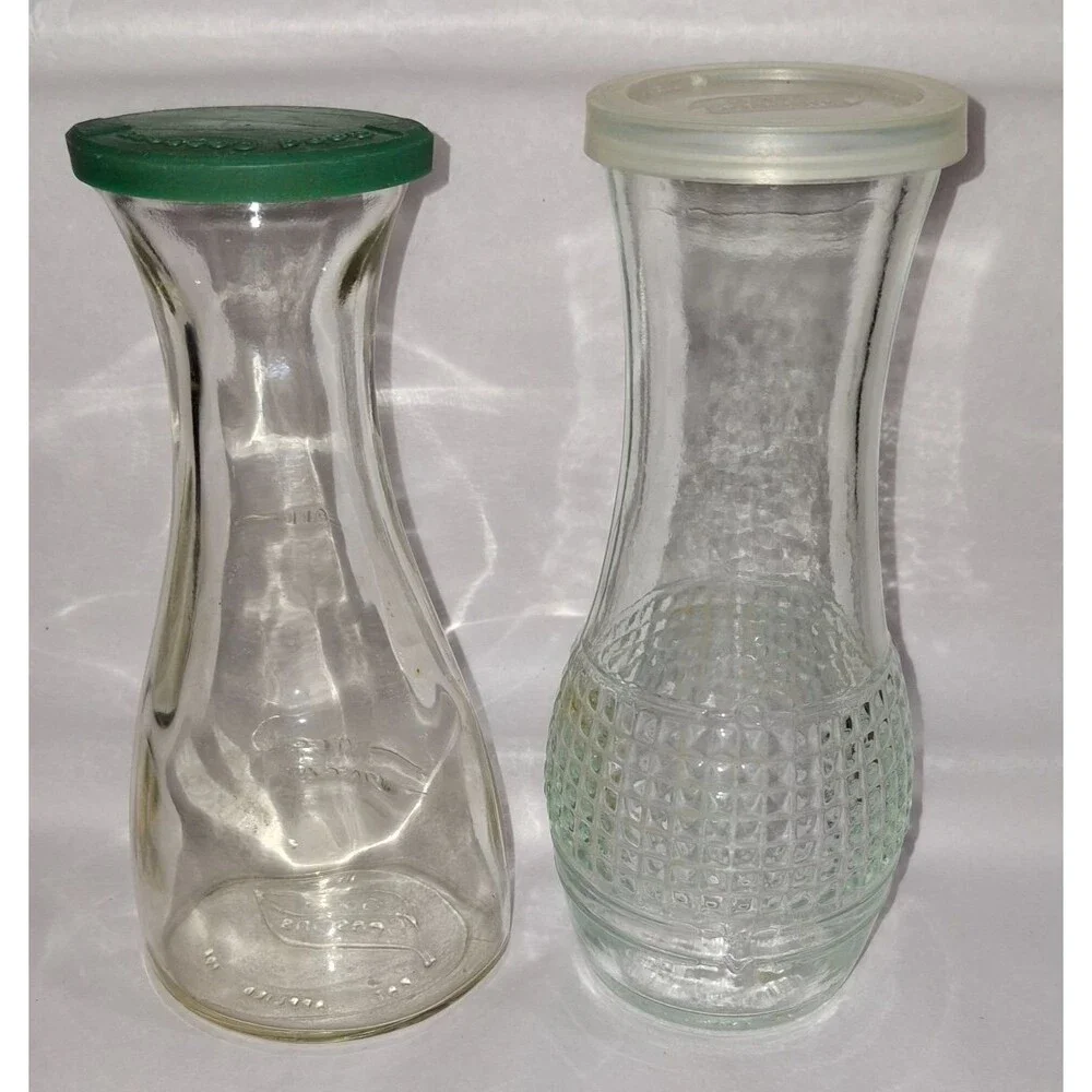 2 Vintage Good Seasons Glass Salad Dressing Measuring Cruets Green / White Lids